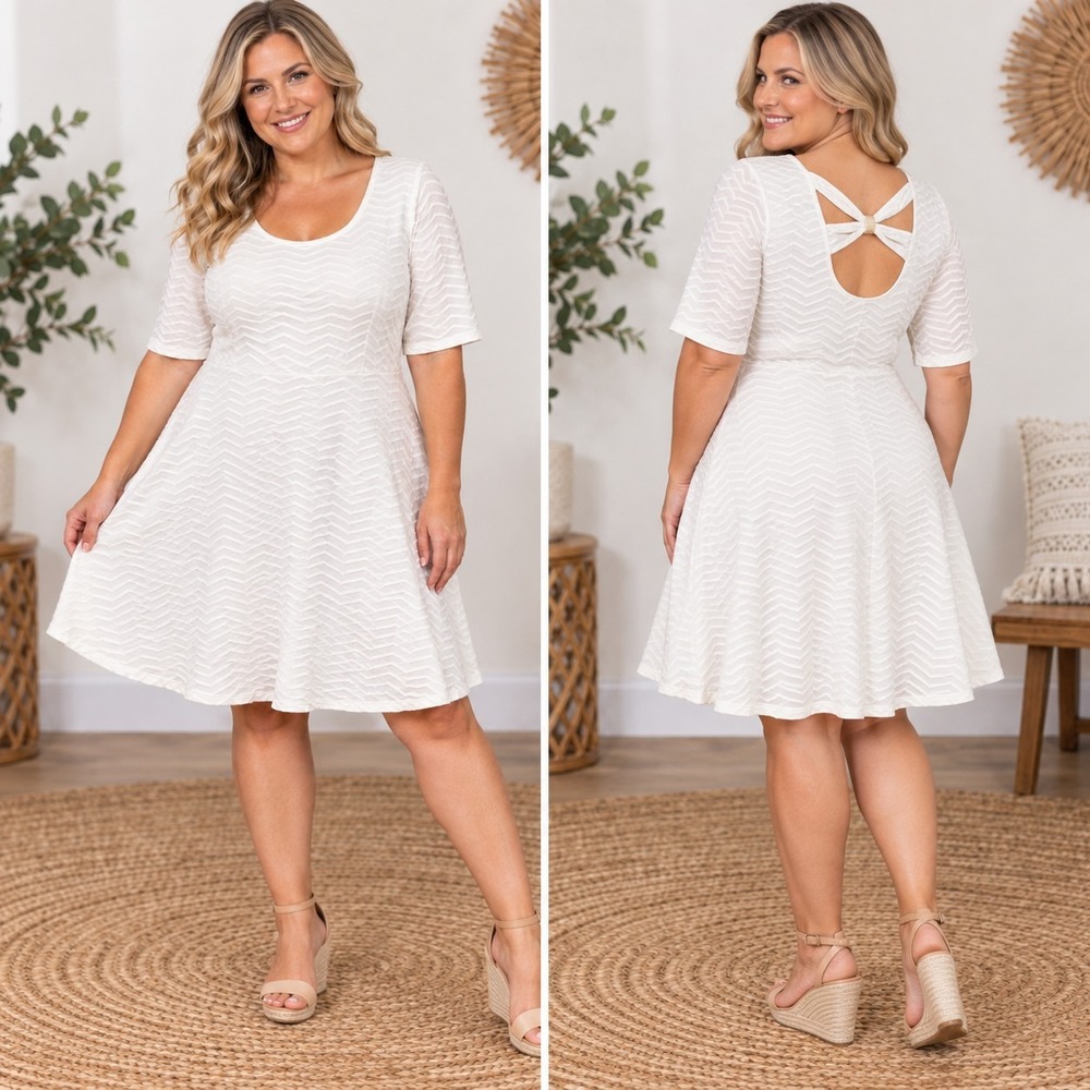 Enfocus Studio White Textured Fit & Flare Dress Women's 12 Large Ethereal Bridal